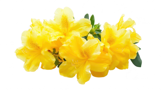 A cluster of yellow azalea flowers arranged elegantly against a clean white background. their delicate petals and lush green leaves. ideal for floral-themed designs or nature-focused projects