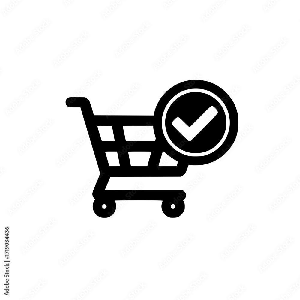 Poster clean vector art of a shopping cart with a small check icon representing payment completion