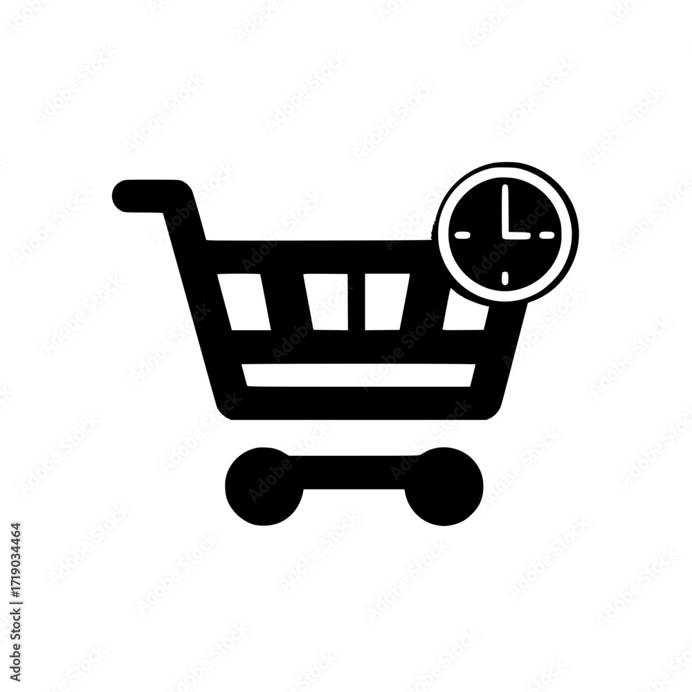 Poster modern shopping cart with a small time icon symbolizing efficiency and ecommerce urgency