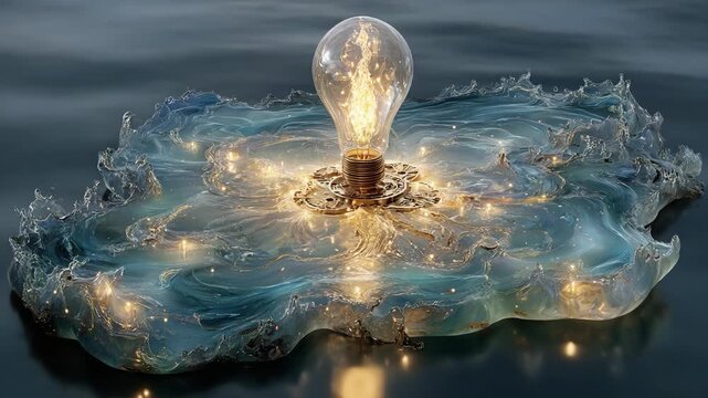Conceptual animation of a glowing light bulb on a stack of coins, creating luminous, swirling ripples in dark water, symbolizing the value of innovation, creative thinking, and bright ideas