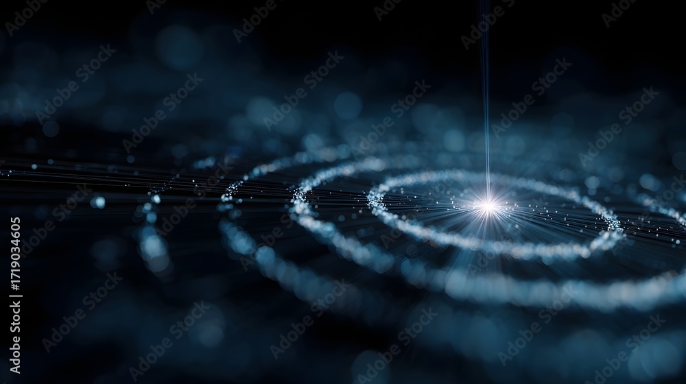Poster glowing digital target with concentric luminous rings emanating from a bright central light symboliz