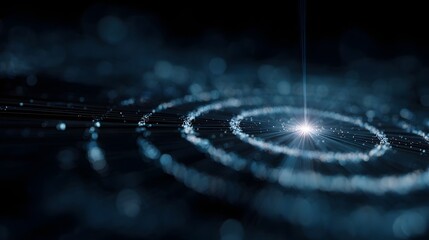 Glowing digital target with concentric luminous rings emanating from a bright central light symbolizing data networks and futuristic technology