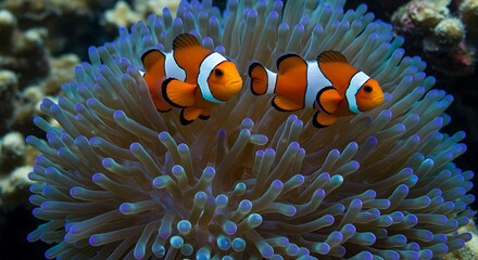Clownfish swimming among colorful sea anemone tentacles in vibrant coral reef underwater scene