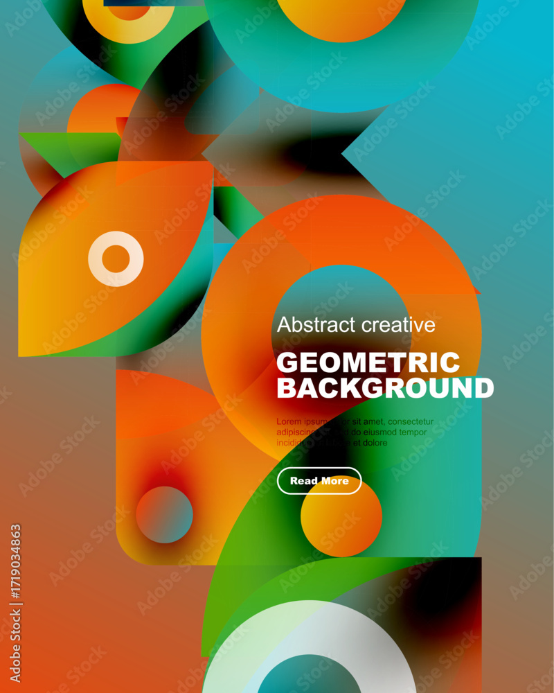 Poster vibrant overlapping shapes create dynamic composition. orange, teal, yellow hues dominate design. te