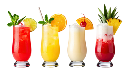 Four vibrant tropical cocktails, each with a unique color and garnish.  A red, orange, white, and red drink are displayed in tall, tapered glasses