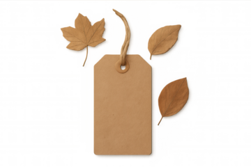 Kraft paper tag with rustic string and dried autumn leaves on transparent background, copy space mockup