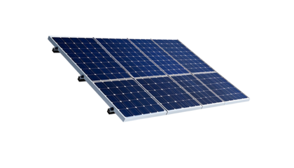 Angled, six-panel solar array with a metallic frame, showcasing its dark blue photovoltaic cells against a black background
