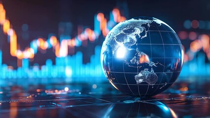 Global financial market trends visualized by a globe on a digital surface with stock market charts in the background. - Powered by Adobe