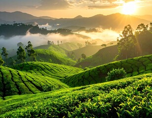 Tea plantation on rolling hills with morning mist, sunrise sunlight, and lush green rows of tea bushes &ndash; photorealistic highland landscape for travel and editorial use
