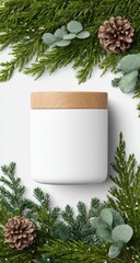 A blank, white, cylindrical container, nestled within a festive arrangement of evergreen sprigs, pinecones, and eucalyptus leaves, creates a charming, winter-themed display.