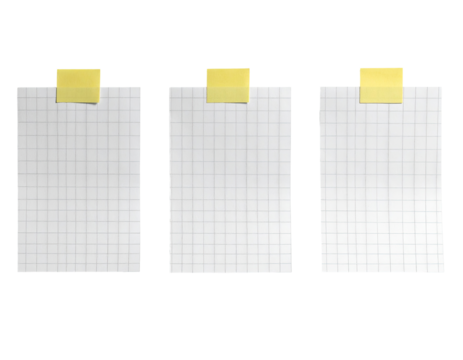 Three blank gridded papers with yellow sticky notes
