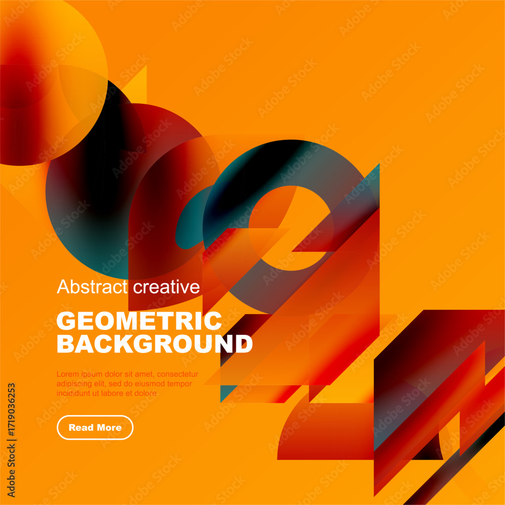 Poster bright geometric shapes overlap orange backdrop. text promotes abstract design, includes read more b