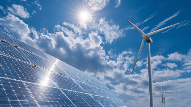 太陽光発電パネルと風力発電機が並ぶ青空の下の再生可能エネルギー風景「生成AI」