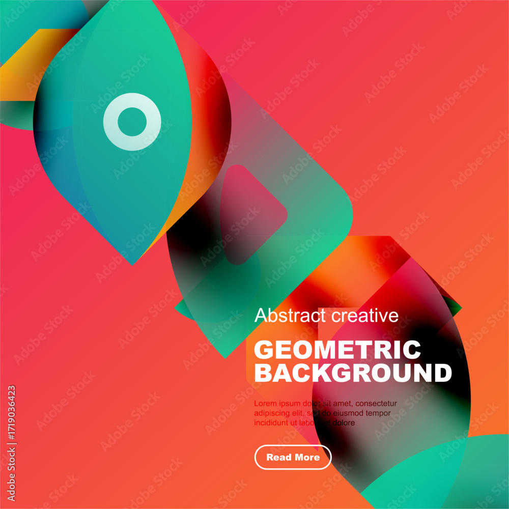 Poster vibrant abstract shapes overlap, creating dynamic colorful background. text promotes geometric desig