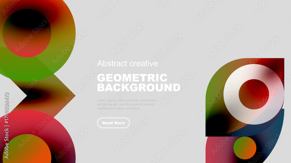 Poster abstract geometric shapes overlap, creating vibrant color gradients. minimalist design with text ove