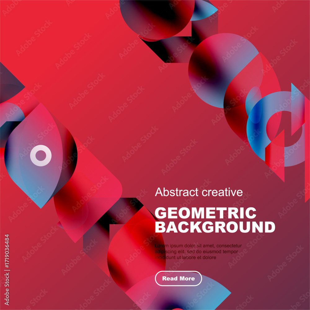 Poster red background features abstract geometric shapes. blue accents create dynamic visual contrast. mode