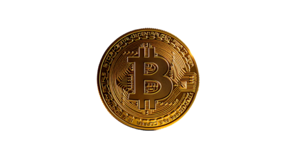 A gold-colored, circular Bitcoin cryptocurrency coin with intricate detailing and a prominent "B" symbol in the center, set against a stark black background