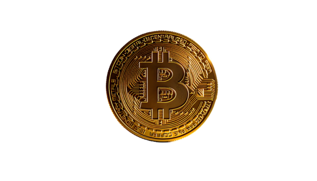 A gold-colored, circular Bitcoin cryptocurrency coin with intricate detailing and a prominent "B" symbol in the center, set against a stark black background