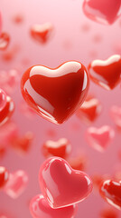Obraz premium Floating 3d hearts in shades of red and pink against a soft pastel background. Perfect for Valentine’s Day themes, love celebrations or elegant romantic decor concepts.