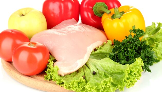 Raw poultry breast with fresh produce
