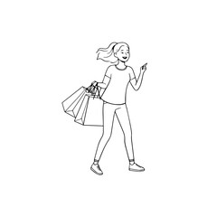 Black and white line art of a beautiful happy woman carrying shopping bags minimalist cheerful illustration