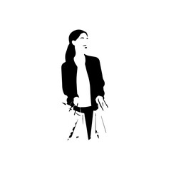 Black and white line art of a beautiful happy woman carrying shopping bags minimalist cheerful illustration