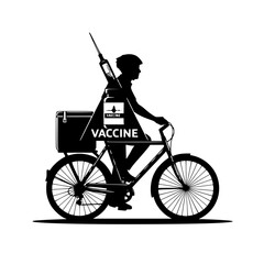 Silhouette of a person on a bicycle carrying a vaccine cooler and syringe isolated on transparent background