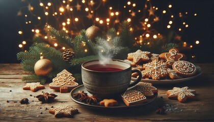 Fototapeta premium A cup of tea with Christmas cookies, Christmas background