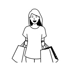 Black and white line art of a beautiful happy woman carrying shopping bags minimalist cheerful illustration