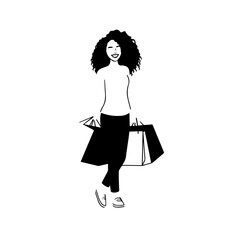 Black and white line art of a beautiful happy woman carrying shopping bags minimalist cheerful illustration