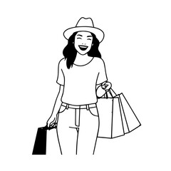 Black and white line art of a beautiful happy woman carrying shopping bags minimalist cheerful illustration