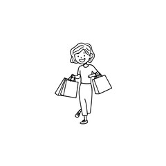 Black and white line art of a beautiful happy woman carrying shopping bags minimalist cheerful illustration