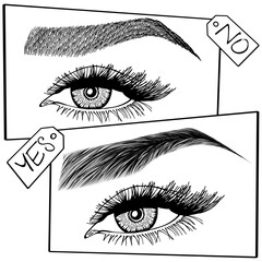 Illustration with woman's eyes, eyelashes and eyebrows. Makeup Look. Tattoo design. Logo for brow bar or lash salon. Wrong and right coloring care. Set of well-groomed and shaggy eyebrows.