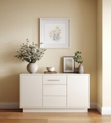 A serene, minimalist interior featuring a white sideboard, framed floral art, and tasteful neutral decor.