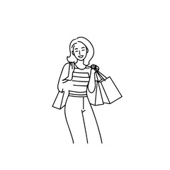 Black and white line art of a beautiful happy woman carrying shopping bags minimalist cheerful illustration