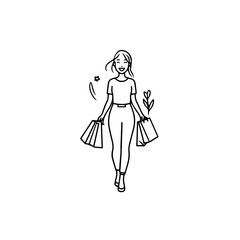 Black and white line art of a beautiful happy woman carrying shopping bags minimalist cheerful illustration