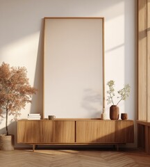 A minimalist living room scene showcases a large, light beige framed canvas, accented by warm wooden furniture and natural elements.