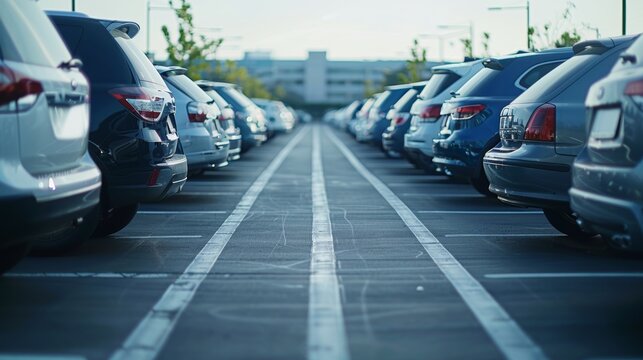 Symmetrical Rows of Parked Cars in an Outdoor Lot with Focus on Perspective and Repetition