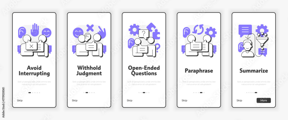 Aufkleber active listening techniques mobile onboarding screen. communication skills. ux ui illustration. flat