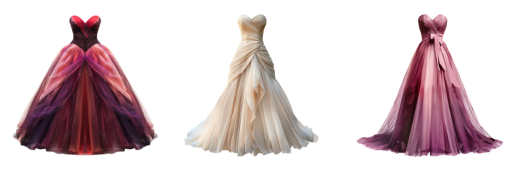 A collection of beautiful gowns in various colors elegant styles