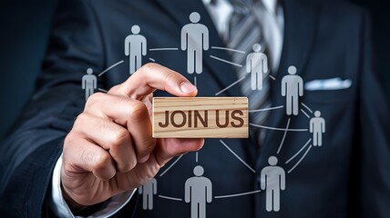 Businessman holding a wooden block with the words join us surrounded by a network of connected people icons representing teamwork and collaboration