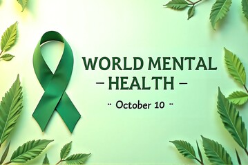 Green Ribbon with Leaves for World Mental Health Day on October 10