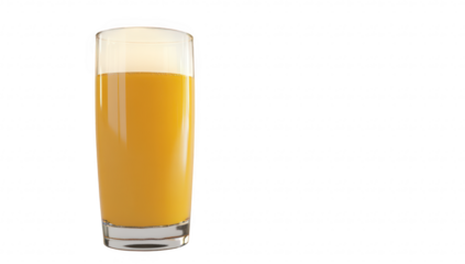 A clear glass filled with fresh orange juice stands on a minimalist white background. highlighting the color and inviting nature of the drink. perfect for health and wellness themes
