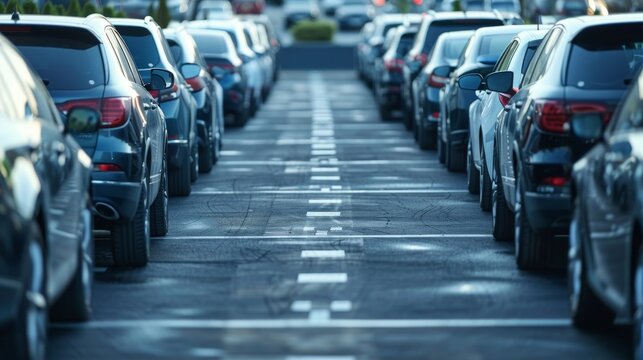 Rows of Parked Cars in a Parking Lot Perspective of Vehicles and Lines Creating a Symmetrical Automotive Scene