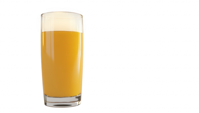 A clear glass filled with fresh orange juice stands on a minimalist white background. highlighting the color and inviting nature of the drink. perfect for health and wellness themes