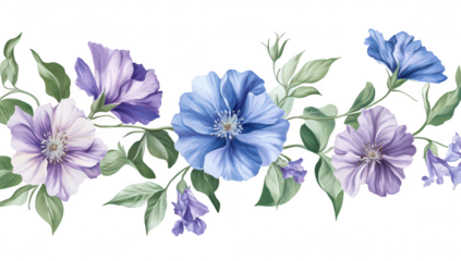 A arrangement of purple and blue flowers intertwined with lush green leaves. set against a clean white background. ideal for floral-themed designs and nature-inspired projects