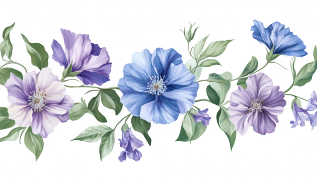 A arrangement of purple and blue flowers intertwined with lush green leaves. set against a clean white background. ideal for floral-themed designs and nature-inspired projects - Powered by Adobe
