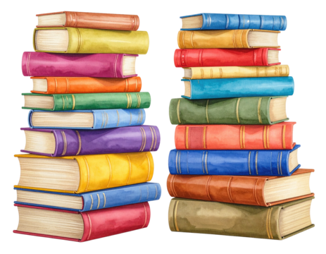 Two vibrant stacks of colorful books, various shades