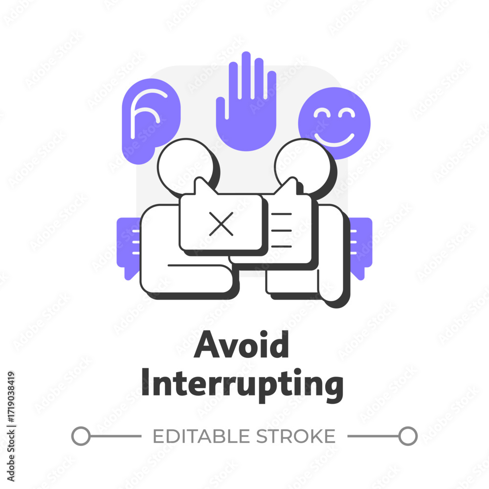 Poster avoid interrupting flat outline concept icon. arguing misunderstanding. social communication, confli