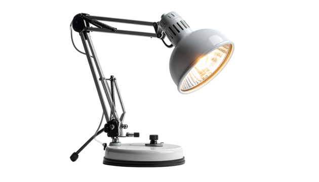 A white adjustable desk lamp with a gooseneck arm, a weighted base, and a large, illuminated shade